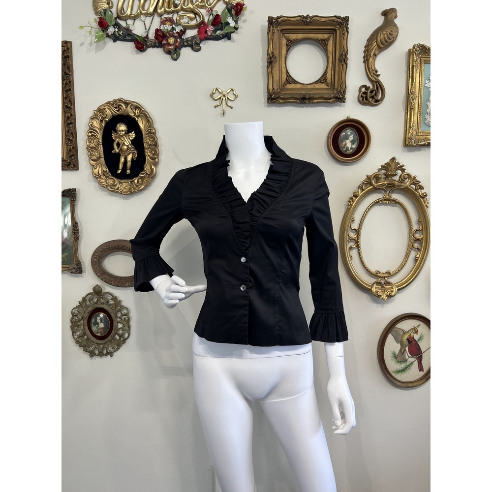 Trina Turk Black Ruffle Detail Blouse Size P‎